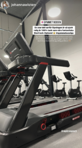 Screenshot av en Instagram-story där Johanna Wisten berömmer löpbandet Star Trac 10 TRX FreeRunner